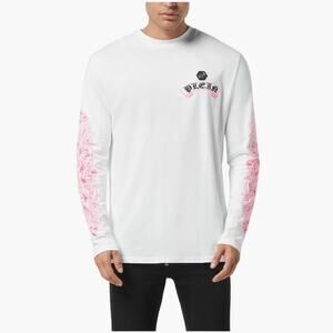 Philipp Plein Men's White Fuxiafluo Chrome Crest  Long Sleeve T-Shirt Size M